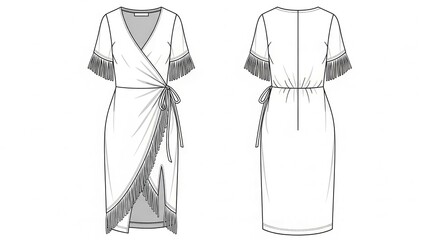 Fashionable fringe wrap dress technical drawing with tie closure and elegant slit detail