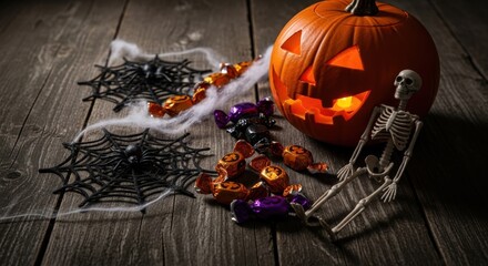 Spooky halloween still life featuring a pumpkin lantern spiders and candies on rustic wood surface