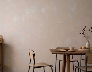 Elegant dining space with warm neutral tones, perfect for lifestyle blogs or home decor ads, showcasing a modern and sophisticated interior design aesthetic