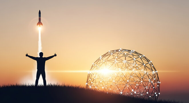 A person celebrates success with arms raised as a rocket launches into the sky, symbolizing achievement and new beginnings against a sunset.