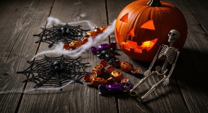 Spooky halloween still life featuring a pumpkin lantern spiders and candies on rustic wood surface