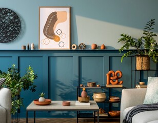 Stylish teal living room interior with modern art, plants, and natural textures creates a calming and inviting atmosphere for relaxation and creative inspiration
