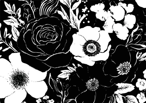Padr&atilde;o floral preto e branco com rosas, an&ecirc;monas e folhas, arte vetorial desenhada &agrave; m&atilde;o para design.