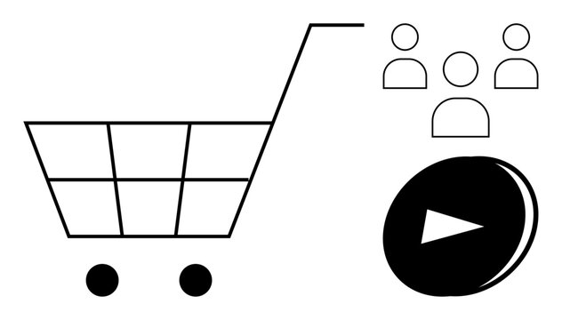 Shopping cart alongside play button and user icons. Ideal for e-commerce, online shopping, video content promotion, audience engagement, digital marketing, user interaction, modern commerce. Simple