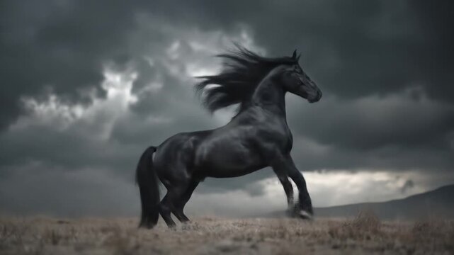 Majestic black horse rears on windblown prairie beneath brooding storm clouds, wild and powerful awe!!