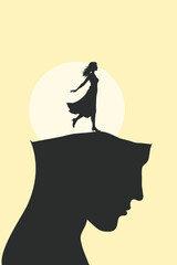 Surreal illustration of a woman gracefully walking atop a giant head silhouette, symbolizing inner freedom, self-reflection, emotional balance, and the journey through the subconscious mind.