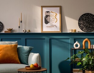 Create a cozy and elegant living room interior with teal accent wall, neutral sofa, and curated decorative objects for a modern, inviting home