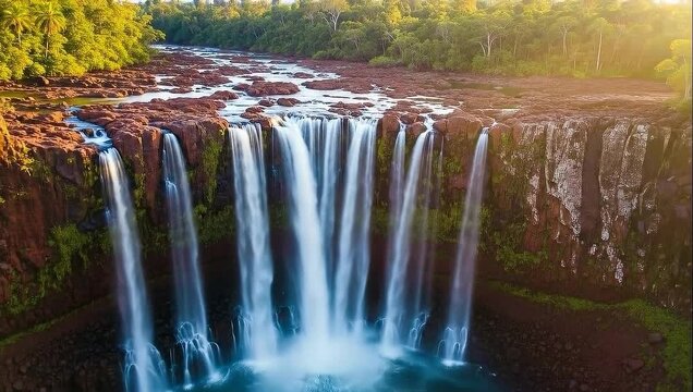 A stunning waterfall cascades down a rocky cliff into a clear blue pool
