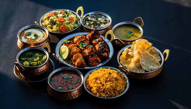 Authentic Indian cuisine feast with vibrant curries, rice, and grilled meats served in traditional copper bowls ready for a delicious culinary journey
