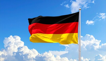 German national flag waving against a bright blue sky with scattered clouds