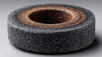 Close-up of an abrasive grinding wheel with a hole in the middle, industry concept