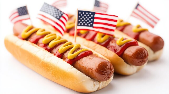 Hot dogs with ketchup, mustard, and american flags