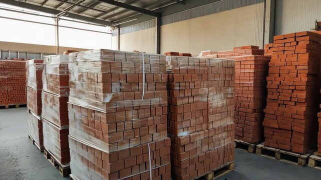 Stacks of red bricks on pallets inside a warehouse, ready for construction.