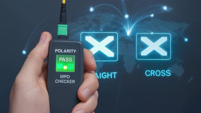 Handheld fiber optic technology tester displays MPO connector polarity pass with illuminated pass indicator, network map and graphical continuity