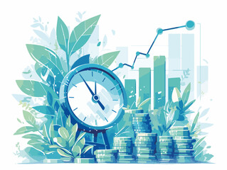 Ilustração vetorial que simboliza a gestão do tempo e o crescimento financeiro, com relógio, moedas e gráficos, representando prosperidade e sucesso empresarial.