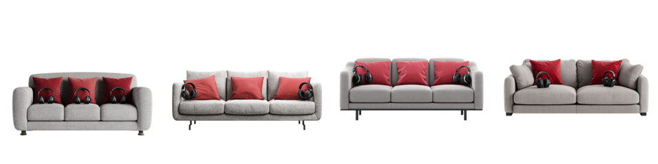 Stylish Grey Sofa with Red Pillows and Headphones, Modern Comfort for Home Decor, Interior Design Inspiration, Cozy Living Room Furniture, Relaxing at Home
