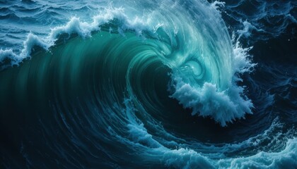 A powerful ocean wave crashing with vibrant turquoise and deep blue hues, capturing the raw beauty and energy of the sea.