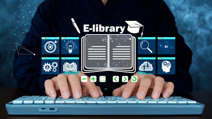 Digital E-Library Interface with Online Learning Icons and Book Symbol for Modern Education Technology