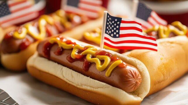 Hot dog with ketchup, mustard, and american flag on a white plate - Powered by Adobe