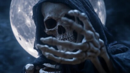 Grim skeletal figure in a hooded cloak extends a bony hand beneath the full moon, casting shadows!!! - Powered by Adobe