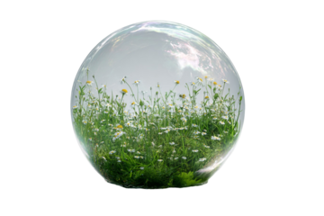 Surreal Floating Time Bubble with Meadow Scene Illustration