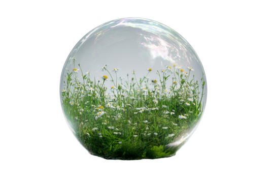 Surreal Floating Time Bubble with Meadow Scene Illustration