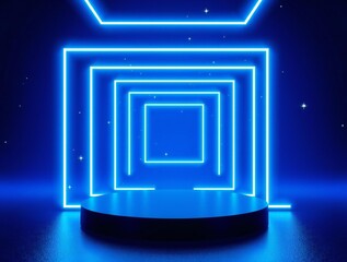 Fototapeta premium Futuristic neon blue square tunnel with pedestal stage
