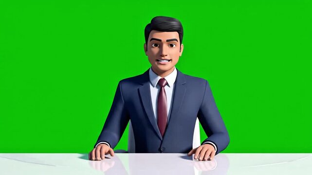 Animated News Anchor Character Presenting on a Green Screen Background.