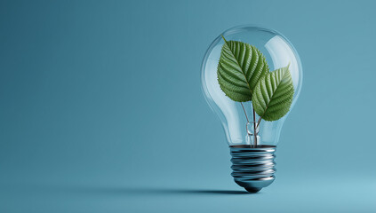 Simple 3D illustration of a light bulb with a green leaf growing inside, symbolizing eco-friendly electricity, on a blue background.