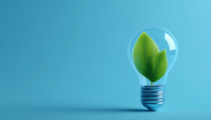 Simple 3D illustration of a light bulb with a green leaf growing inside, symbolizing eco-friendly electricity, on a blue background.