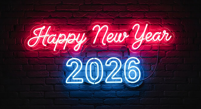 Happy new year 2026 neon sign glowing with vibrant red and blue colors on a dark brick wall on white background