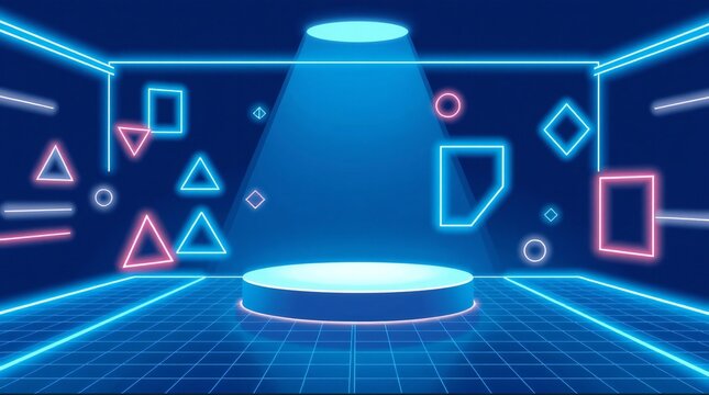 Futuristic neon stage with geometric shapes and spotlight