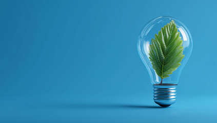 Simple 3D illustration of a light bulb with a green leaf growing inside, symbolizing eco-friendly electricity, on a blue background.
