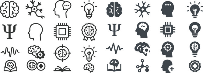 Brain 16 Solid Color Icon Set Collection on White Background