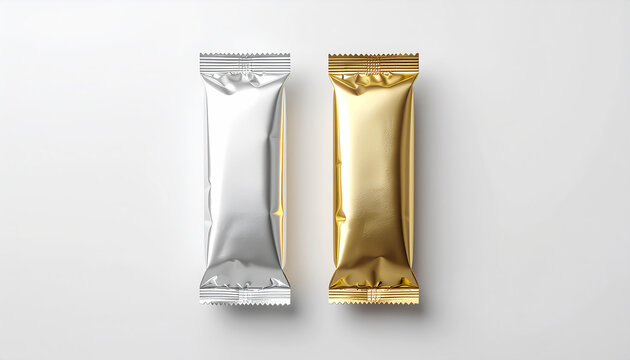 Elegant minimal foil snack bar wrapper mockup, silver and gold variants, subtle reflection and shadow, isolated on plain background, photorealistic product render