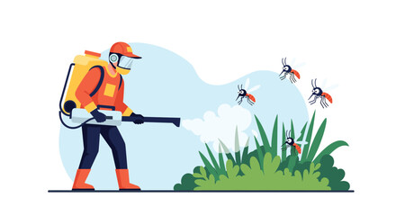 A pest control professional in protective gear sprays insecticide to combat mosquitoes flying near green bushes and tall grass.