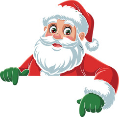Cartoon Santa Claus pointing at blank white board, cheerful Christmas character illustration for holiday greeting, advertising, and festive design