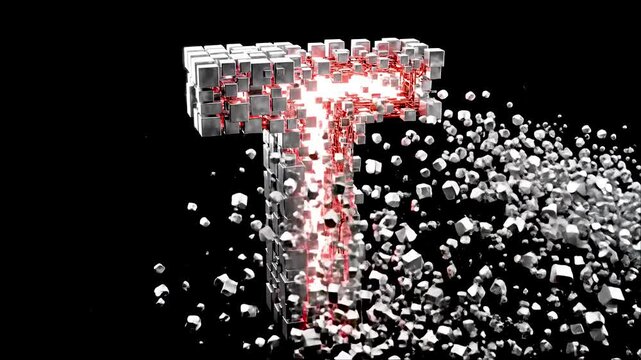 Letter T disintegration effect 3D render of an alphabet character breaking into cubes motion concept on black bac