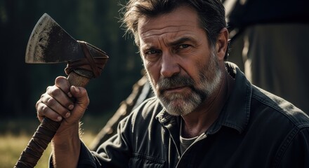 Bearded man with determined expression holding weathered axe in rural outdoor setting ready for