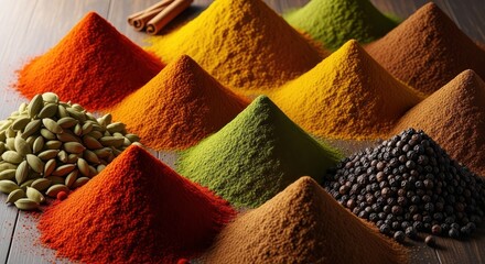 Aromatic Symphony: Vibrant mounds of assorted spices creating a colorful culinary palette