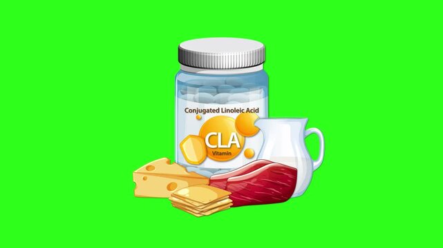 Vitamin Supplement Bottle with Dairy and Meat Animation on Green Screen