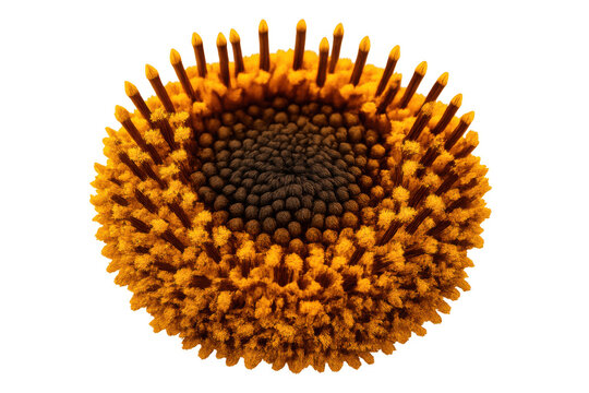 Sunflower disk florets showing detailed pollen and stamens, golden center on transparent background
