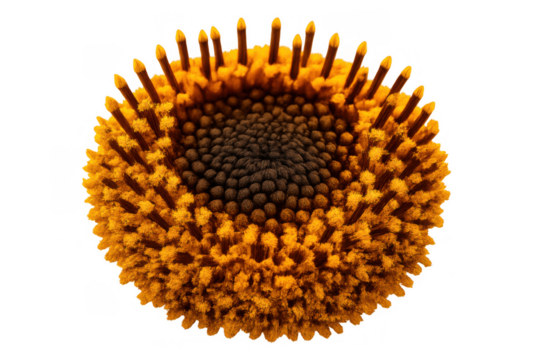 Sunflower disk florets showing detailed pollen and stamens, golden center on transparent background - Powered by Adobe