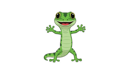 Fototapeta premium A friendly and happy green cartoon gecko with large eyes and a wide smile stands with open arms, ready for a hug on a clean white background.
