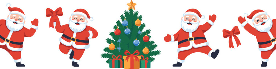 Funny Santa Claus characters with Christmas tree and gift boxes, festive holiday illustration showing cheerful Santa poses and celebration joy