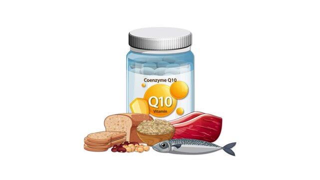 Coenzyme Q10 Supplement Bottle Surrounded by Nutritious Food Sources