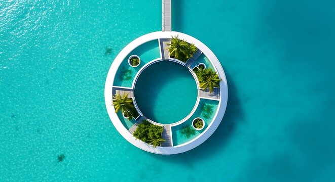 Aerial view of a circular island resort with turquoise water and trees