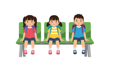 Obraz premium Three happy young students, two girls and a boy, sit on a green bench with their backpacks, ready for school.