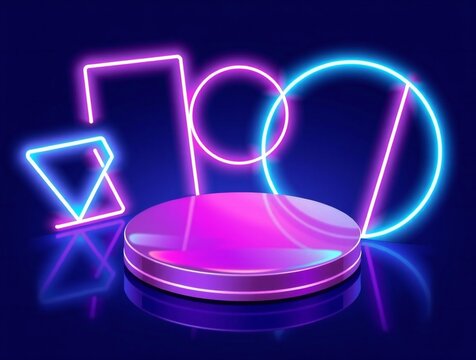 Futuristic neon geometric shapes and podium on dark background