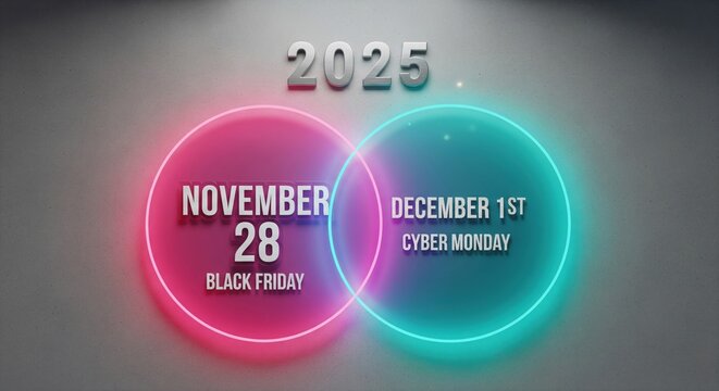 Black friday and cyber monday 2025 sale event calendar with neon circles - Powered by Adobe